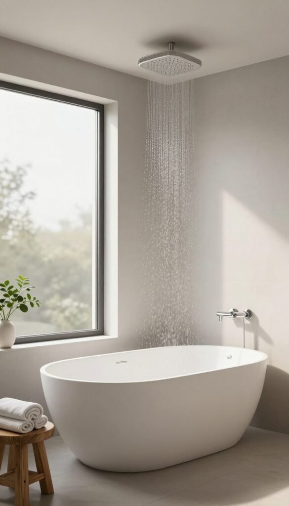Freestanding bathtub with a ceiling-mounted rainfall shower head in a bright, airy bathroom