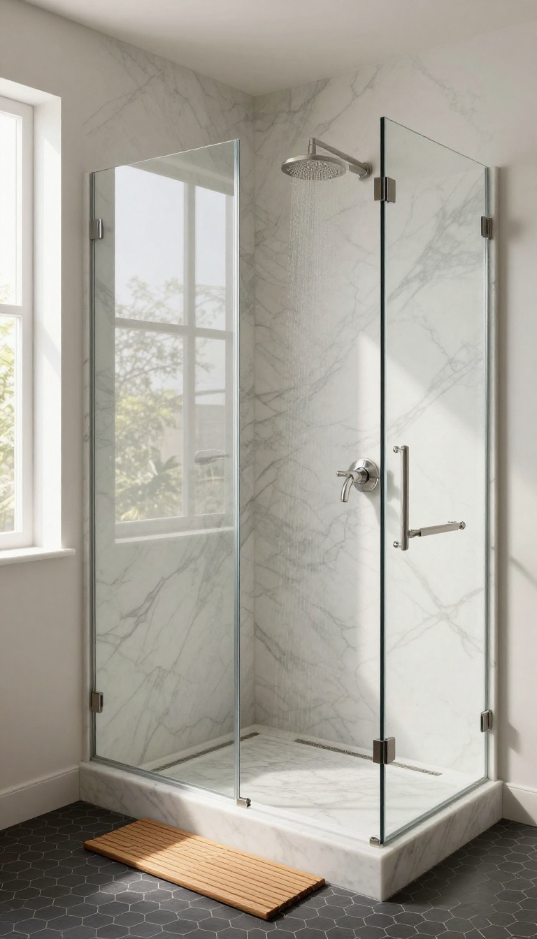 Luxurious walk-in shower with a marble bench, dark hexagon floor tiles, and a teak mat, illuminated by natural light.