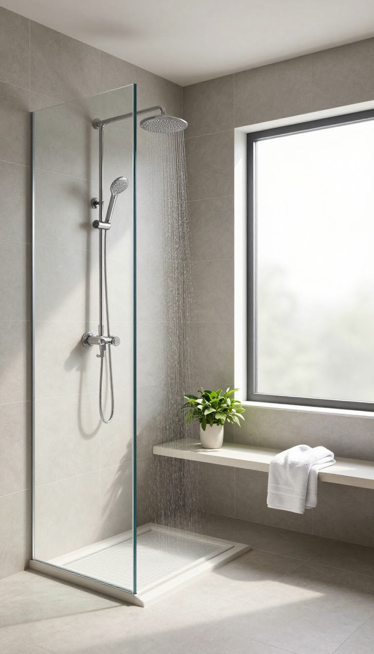 Modern shower with large-format tiles and minimal grout lines