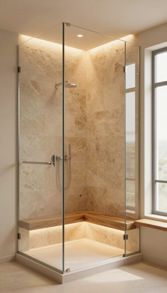 Enclosed shower with warm ambient lighting and natural stone tiles