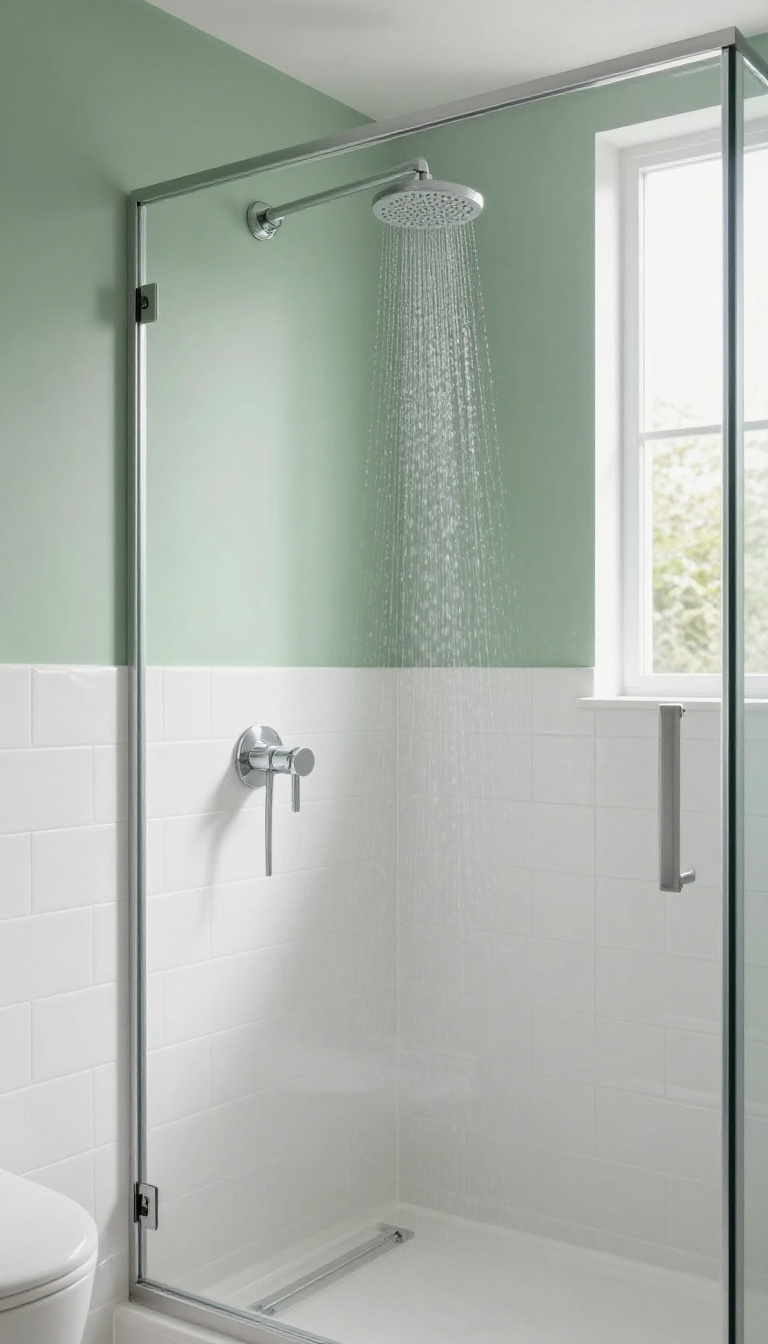 Two-tone pony wall in a shower with white tile base and sage green painted upper section