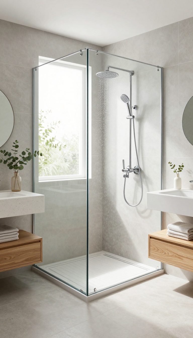 Walk-in shower with frameless glass panel in a bright, minimalist bathroom