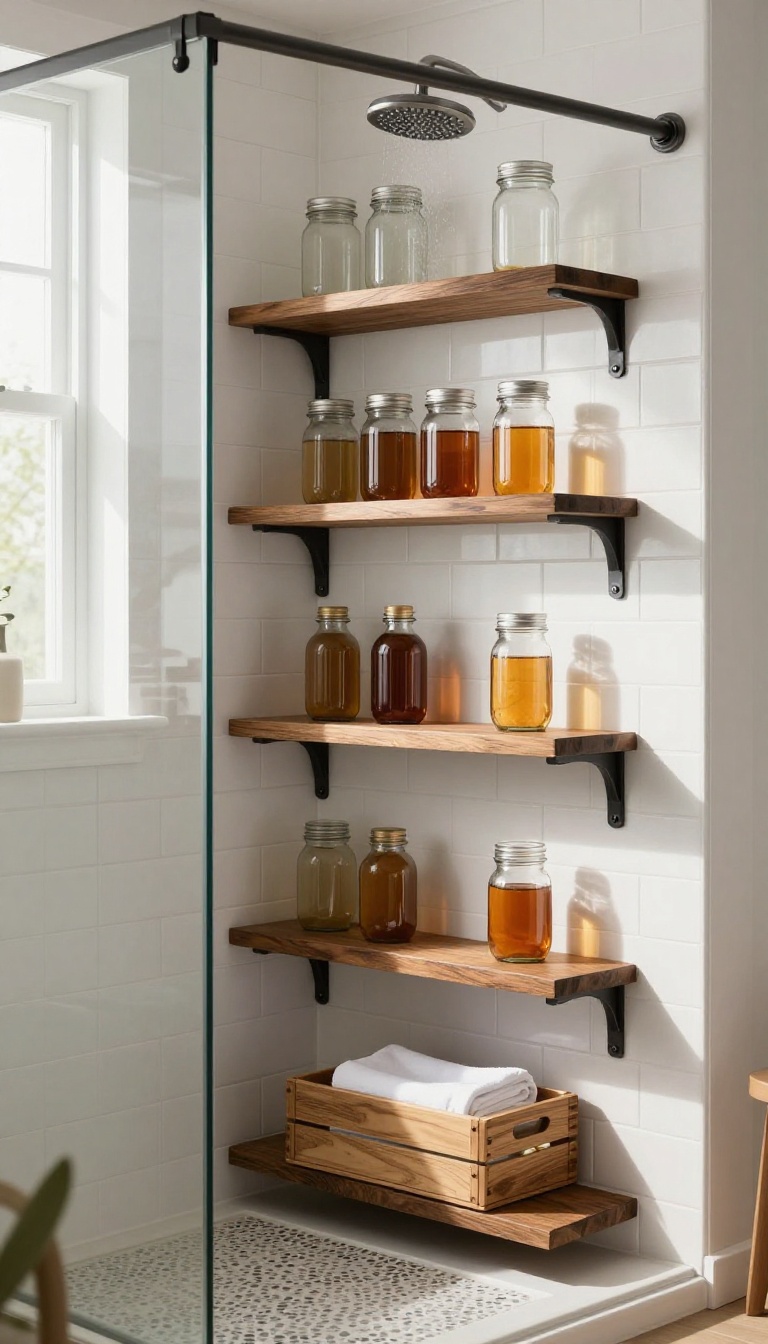 Farmhouse walk-in shower with exposed teak shelving and mason jar storage, styled with natural light and rustic charm.