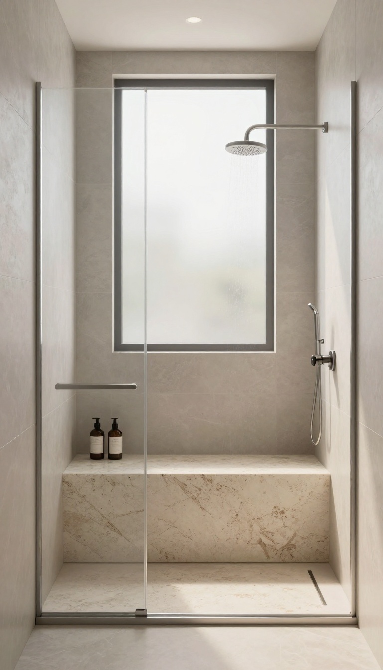 Modern shower with a natural stone bench, light gray tiles, and glass enclosure, bathed in soft natural light.