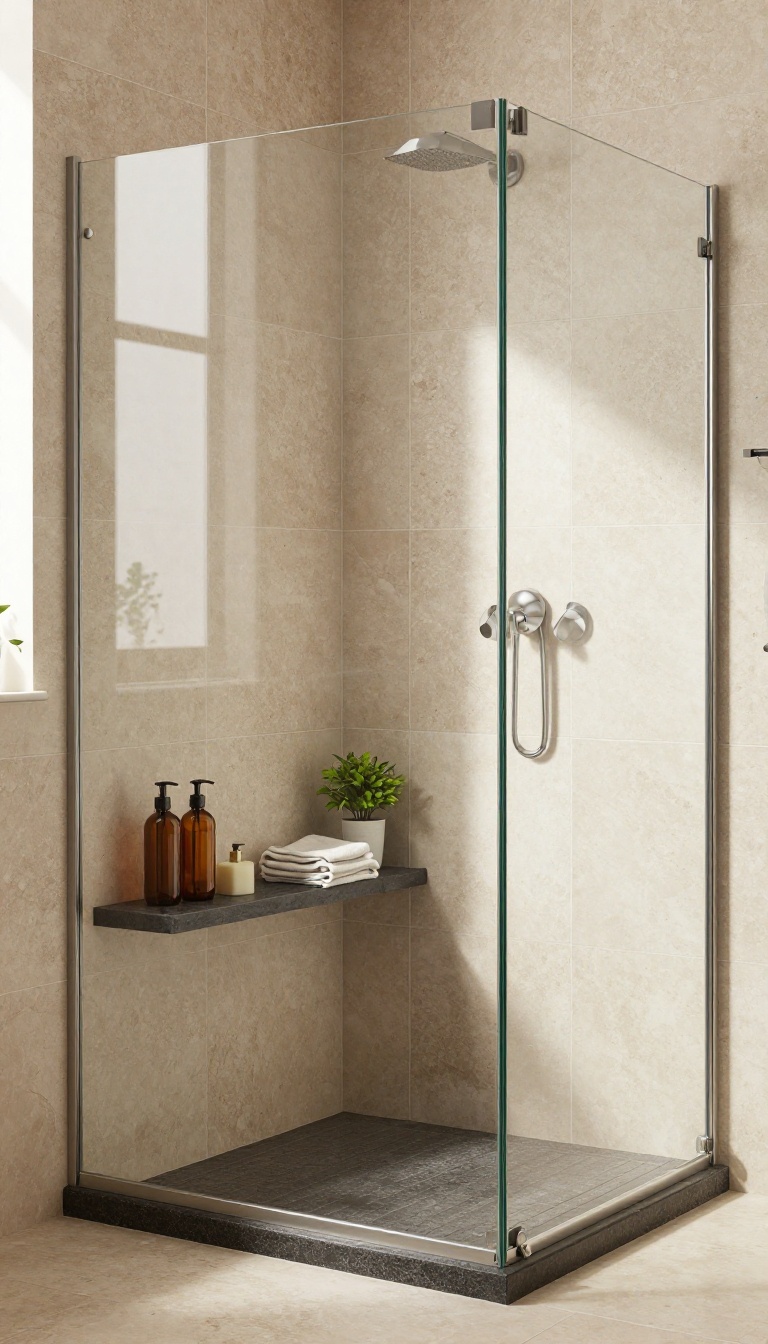 A shower with a natural stone ledge holding toiletries and a plant, showcasing rustic storage.