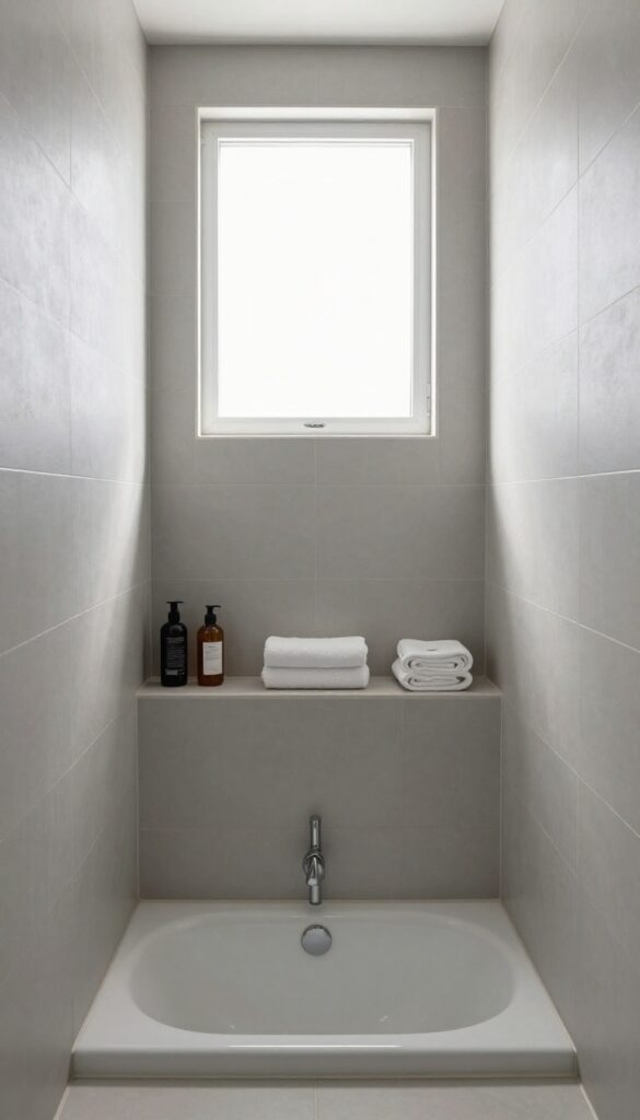 Recessed tile niche in a shower-over-bath combo storing toiletries, keeping the bathtub edge clear.