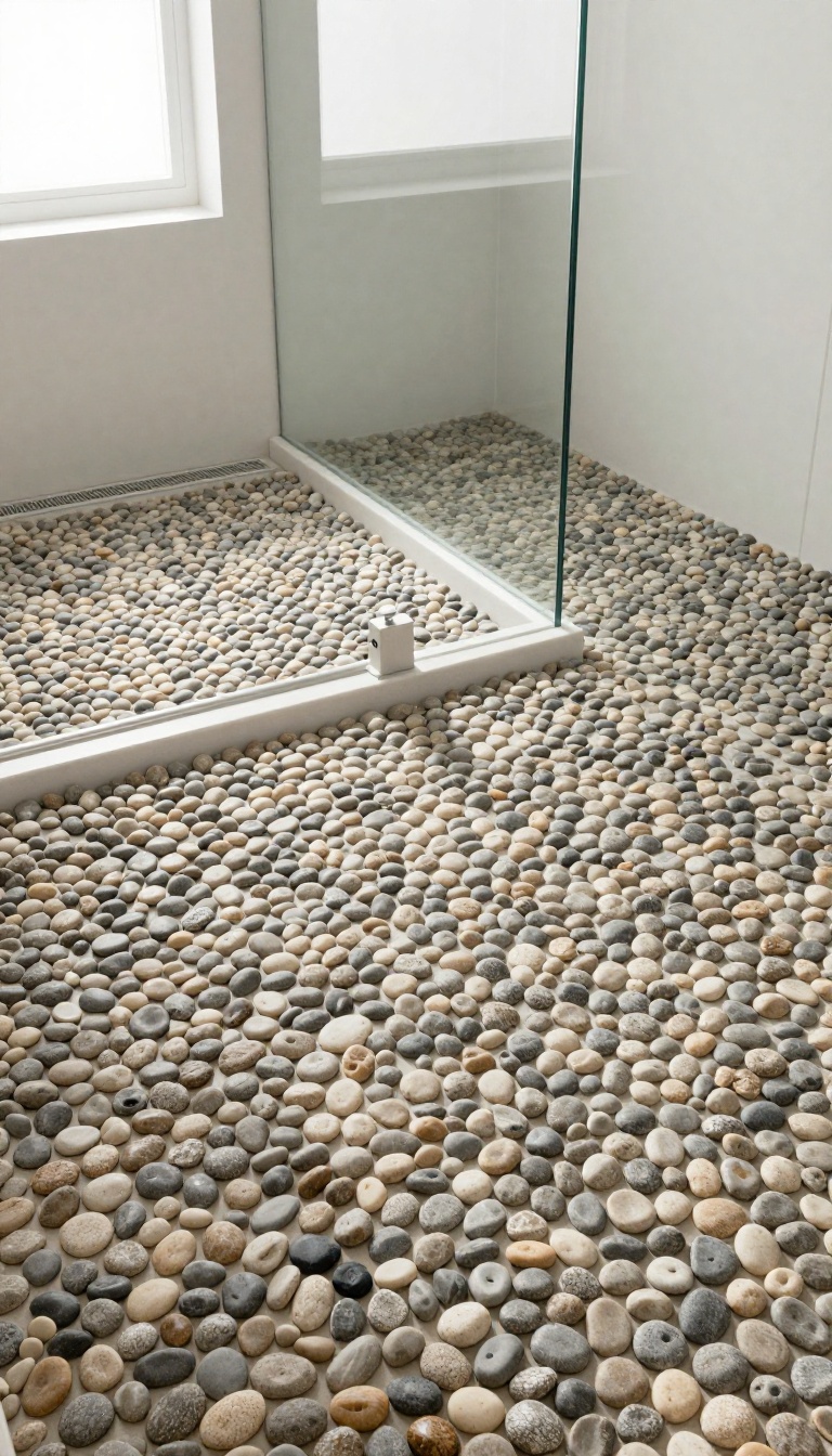 Modern bathroom with a curbless shower and pebble floor, seamless transition and natural light