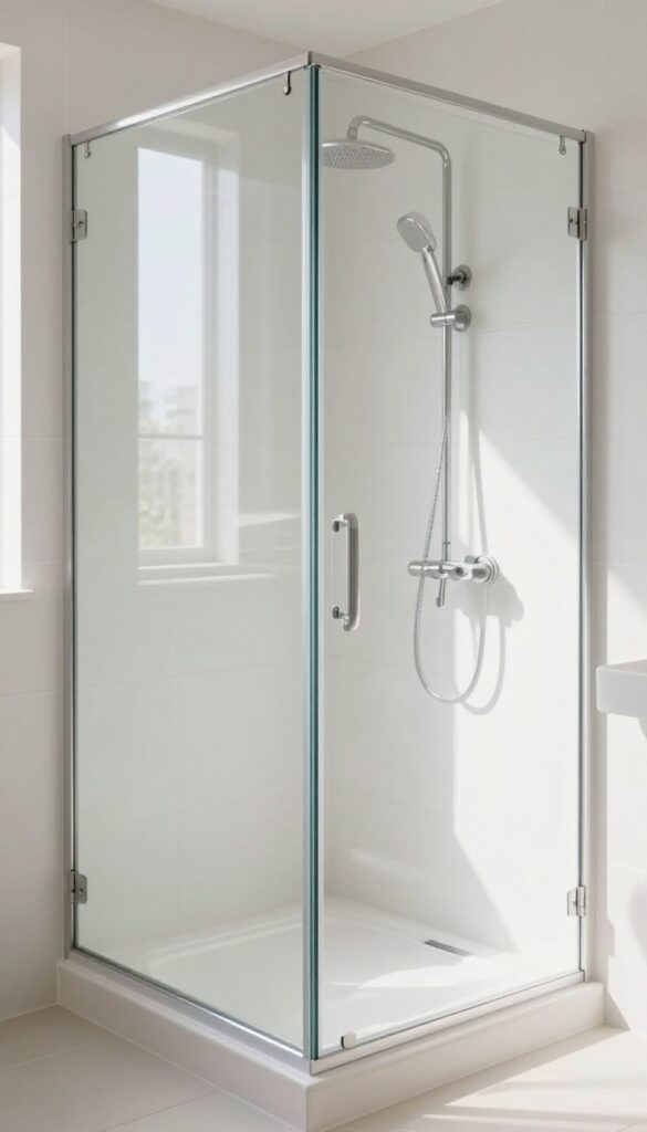 Small bathroom with a clear glass shower door over a bathtub, creating an open and seamless look.