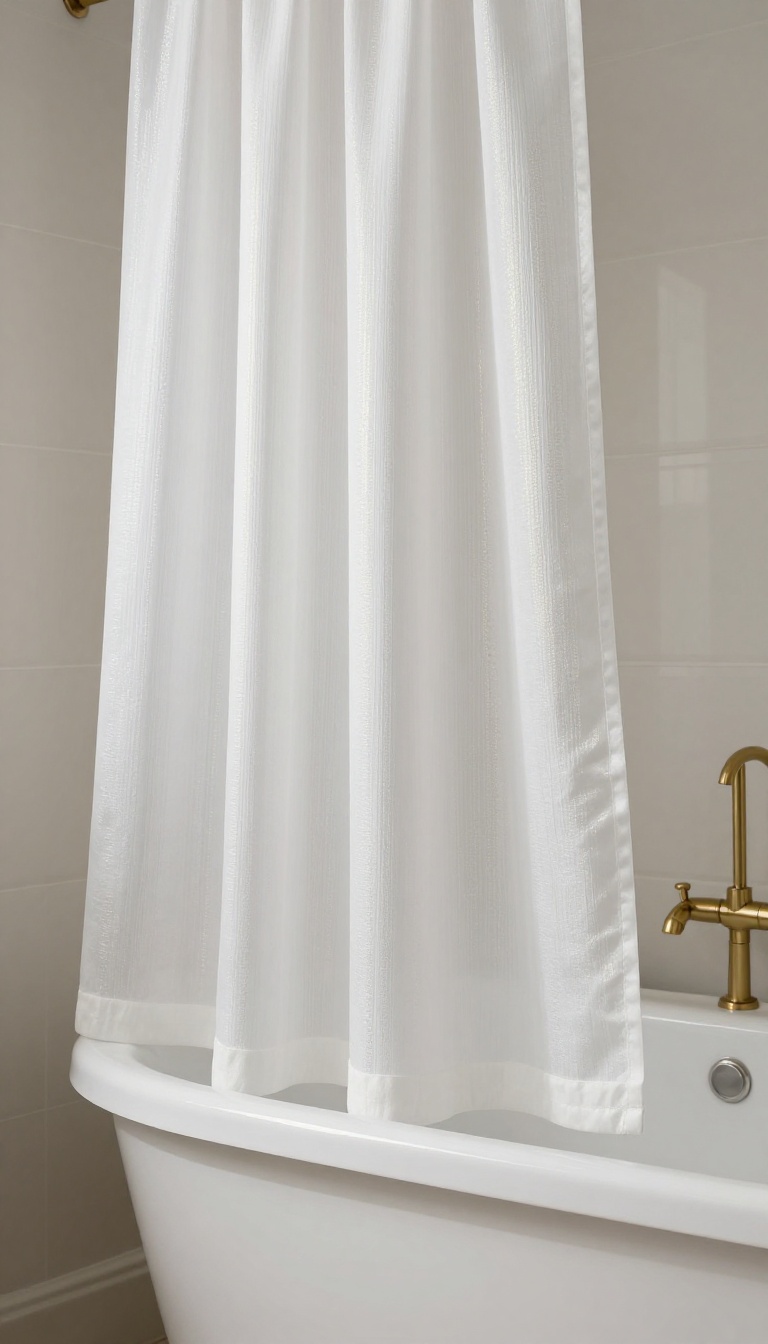 White shower curtain with subtle metallic gold accents in a bright, neutral bathroom