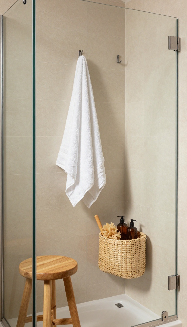 Over-the-door hooks and woven baskets inside a shower, holding a towel and toiletries, with warm natural light.