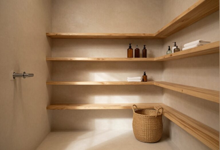 Warm and inviting shower storage with wooden shelves and baskets