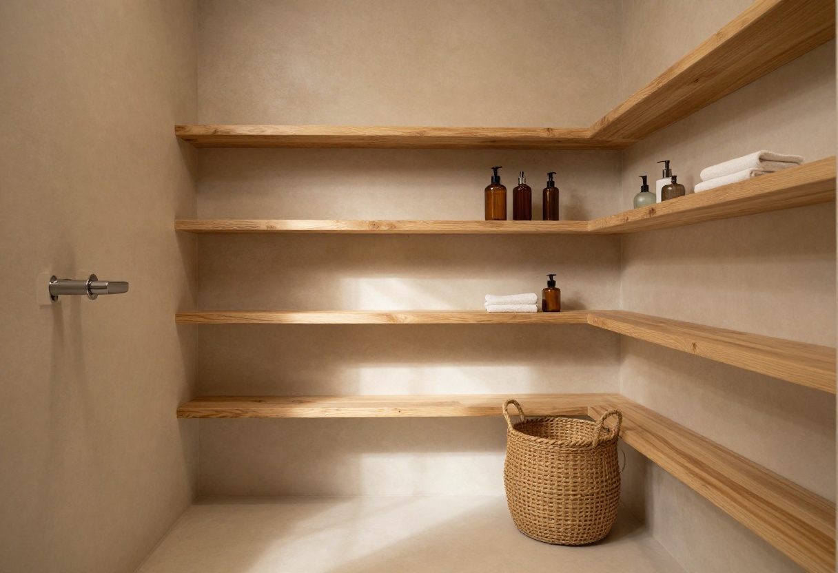 Warm and inviting shower storage with wooden shelves and baskets