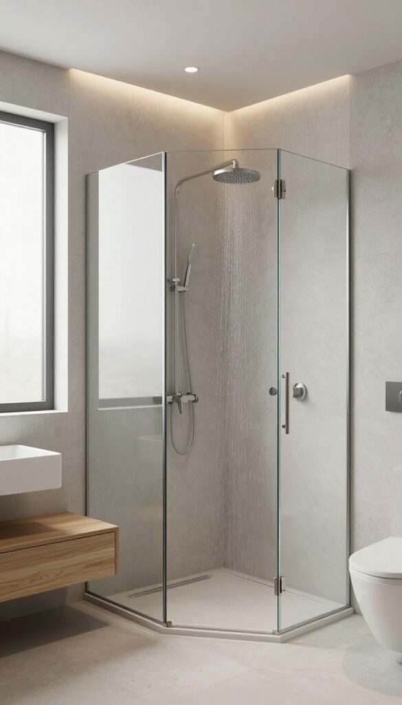 Modern shower-only bathroom with recessed lighting creating a calm, spa-like ambiance
