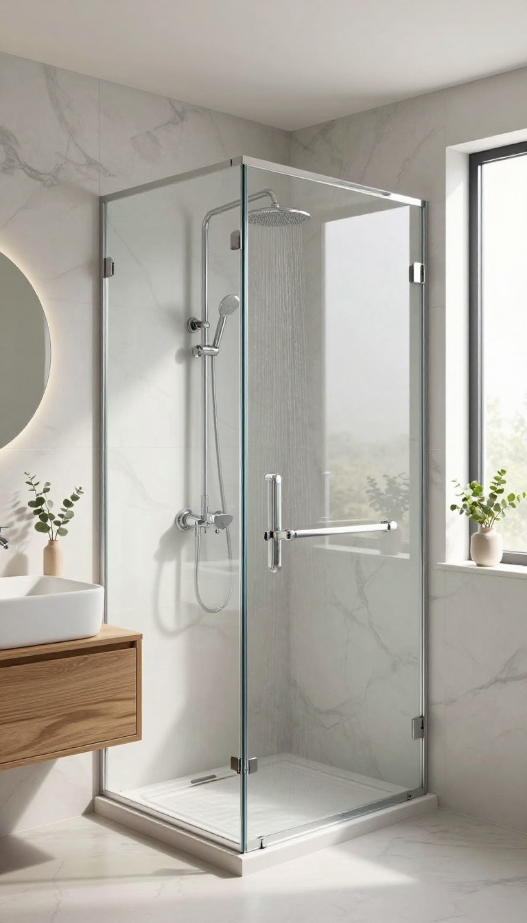 Modern bathroom with a frameless glass shower enclosure, marble tiles, and spa-like decor.