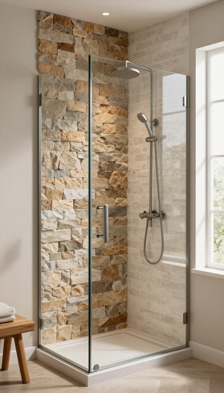 Mixed stone and brick tile wall in a rustic modern shower with natural light