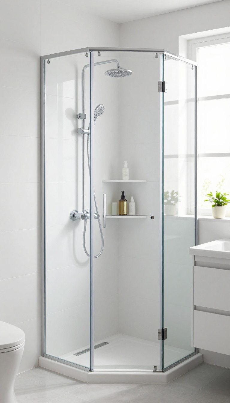 Prefabricated corner shower kit in a small bathroom with white panels and glass door