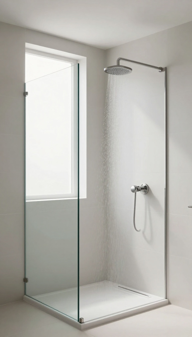 Modern bathroom with a glass-topped pony wall shower, open and airy design