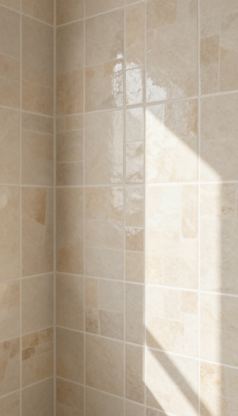 Beige zellige tiles in a shower with glossy finish and natural light