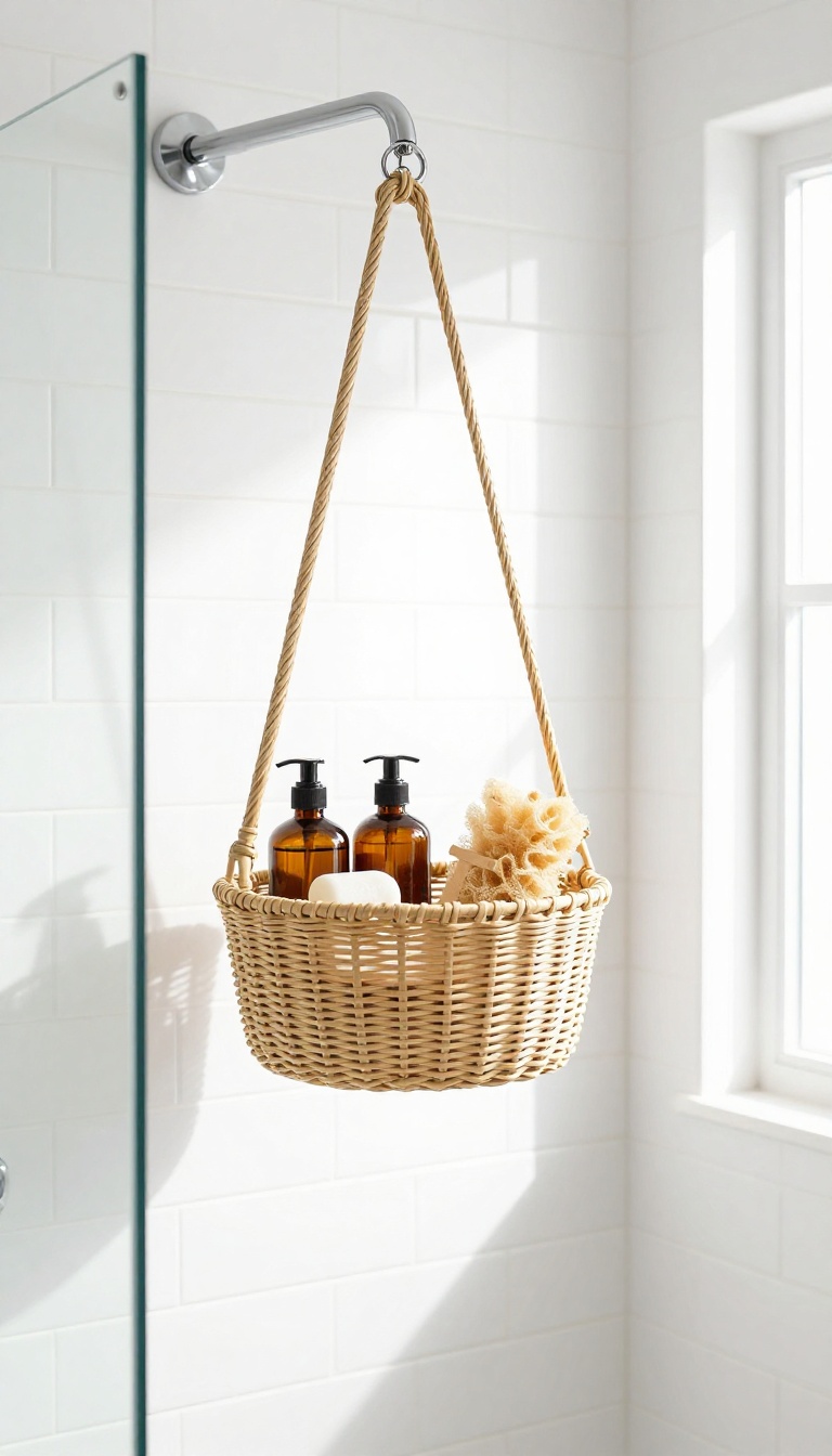Hanging basket caddy in a modern shower with natural light