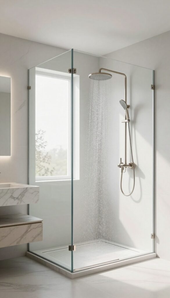 Floating stone bench in a modern shower with natural light and spa-like ambiance