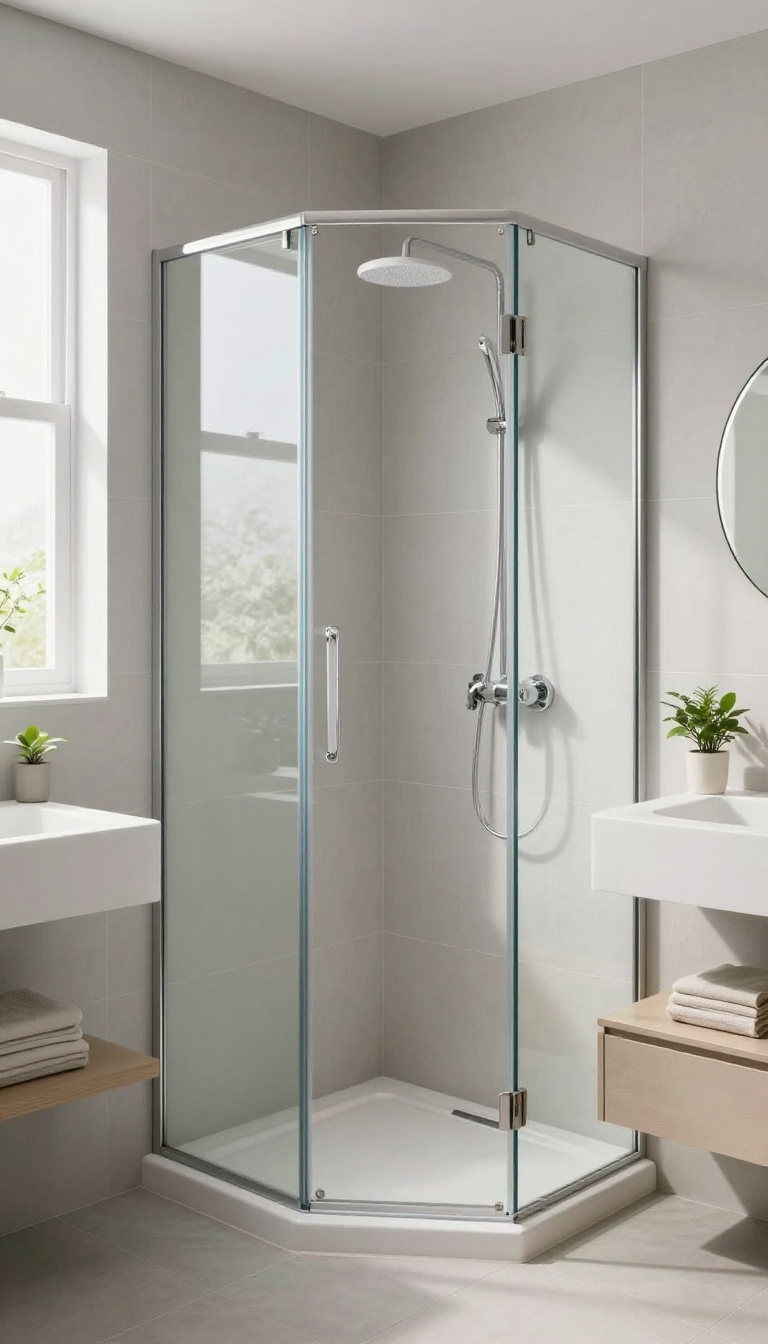 Compact bathroom with a corner walk-in shower featuring a single glass panel and no door, bright natural light, minimalist design.