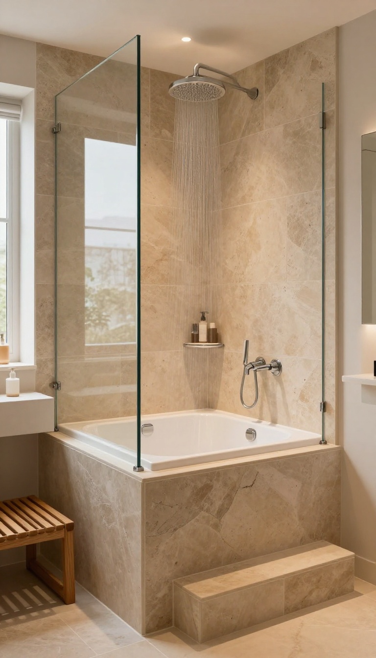 Walk-in tub with rainfall shower in a luxurious stone bathroom