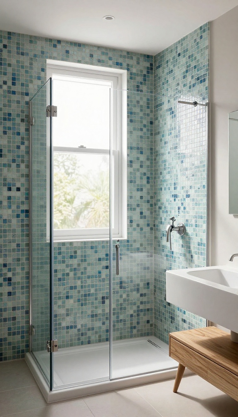 Mosaic tile half wall in a modern bathroom with glass shower door and natural light