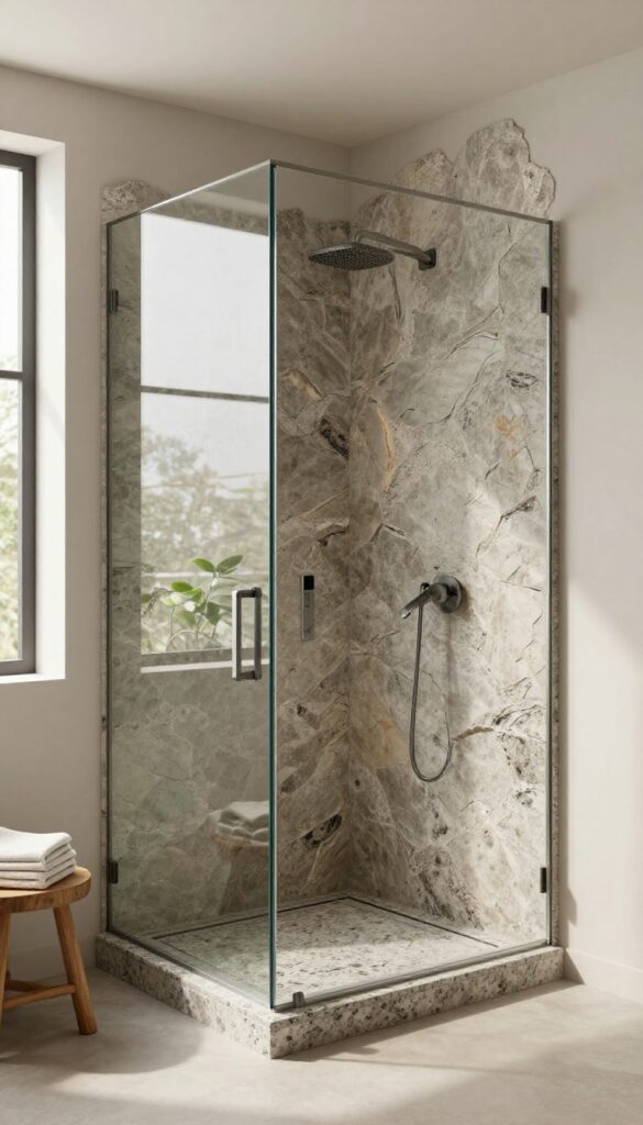 Modern bathroom with a natural stone slab shower seat, bright and inviting