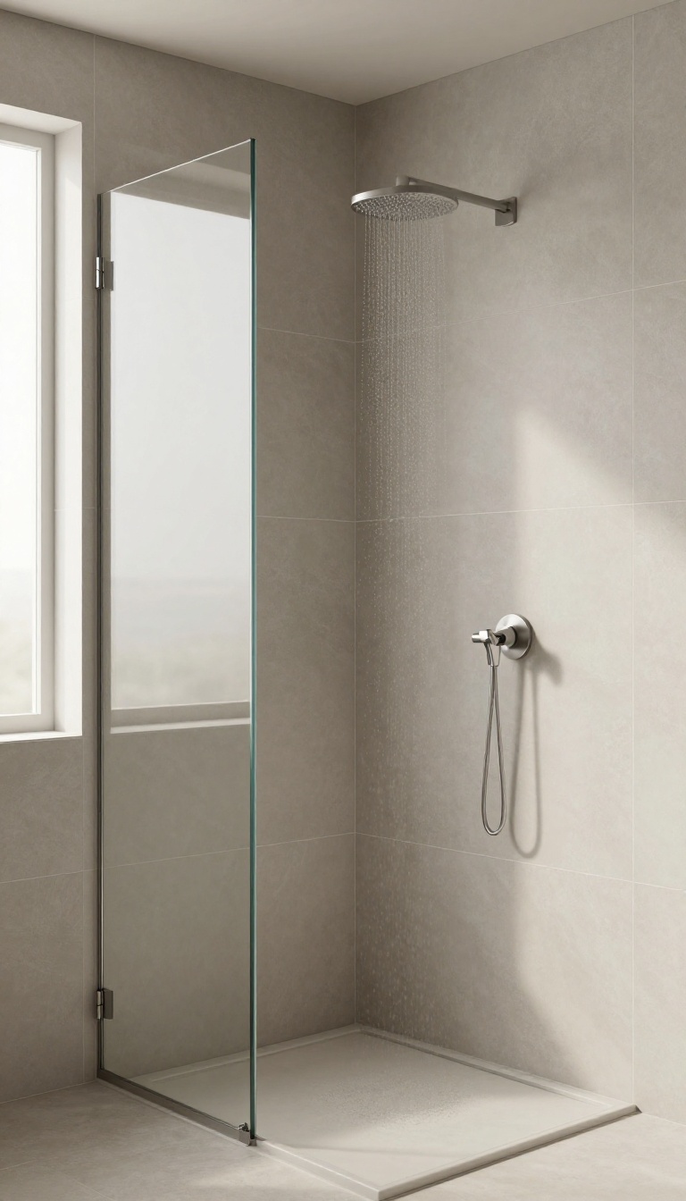 Modern bathroom shower with large-format porcelain tiles, minimal grout lines, frameless glass, and natural light