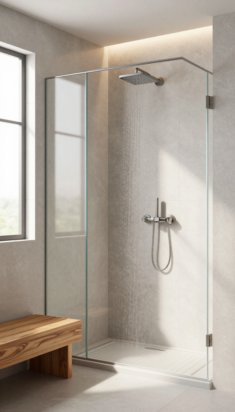 Modern bathroom shower with a teak wood bench on light gray stone tile, spa-like atmosphere