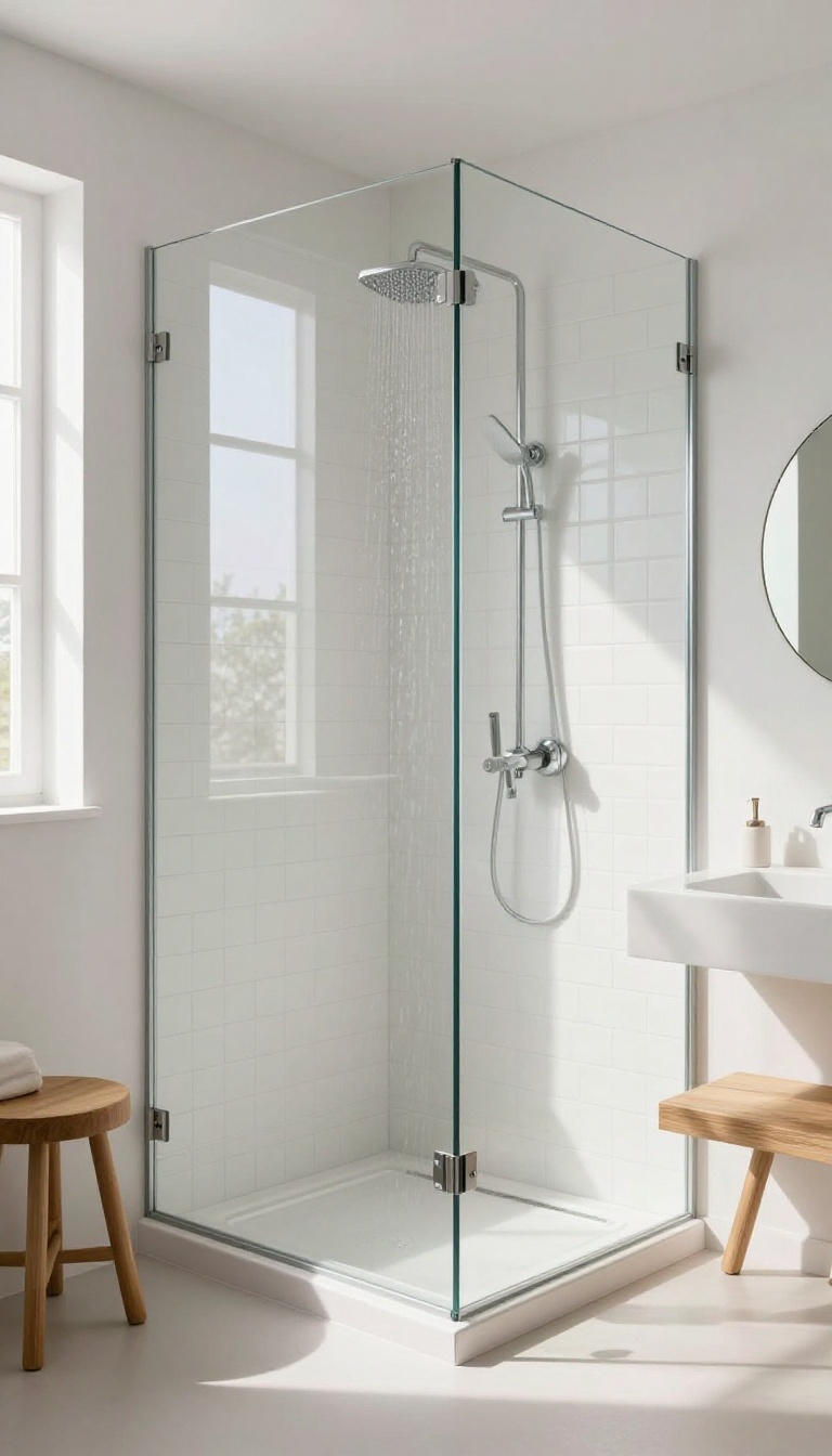 Small bathroom with a fixed glass panel shower, creating an open and airy feel
