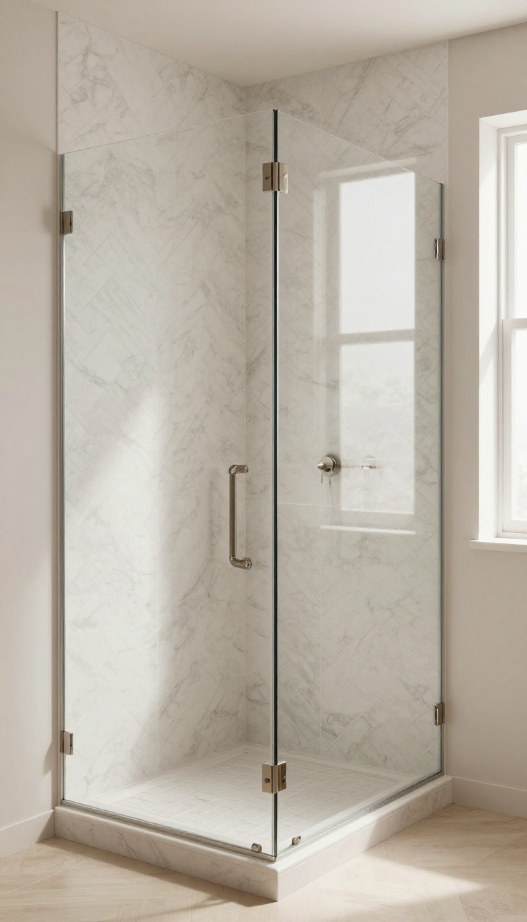 White marble herringbone tile wall in a modern walk-in shower with glass enclosure and natural light.