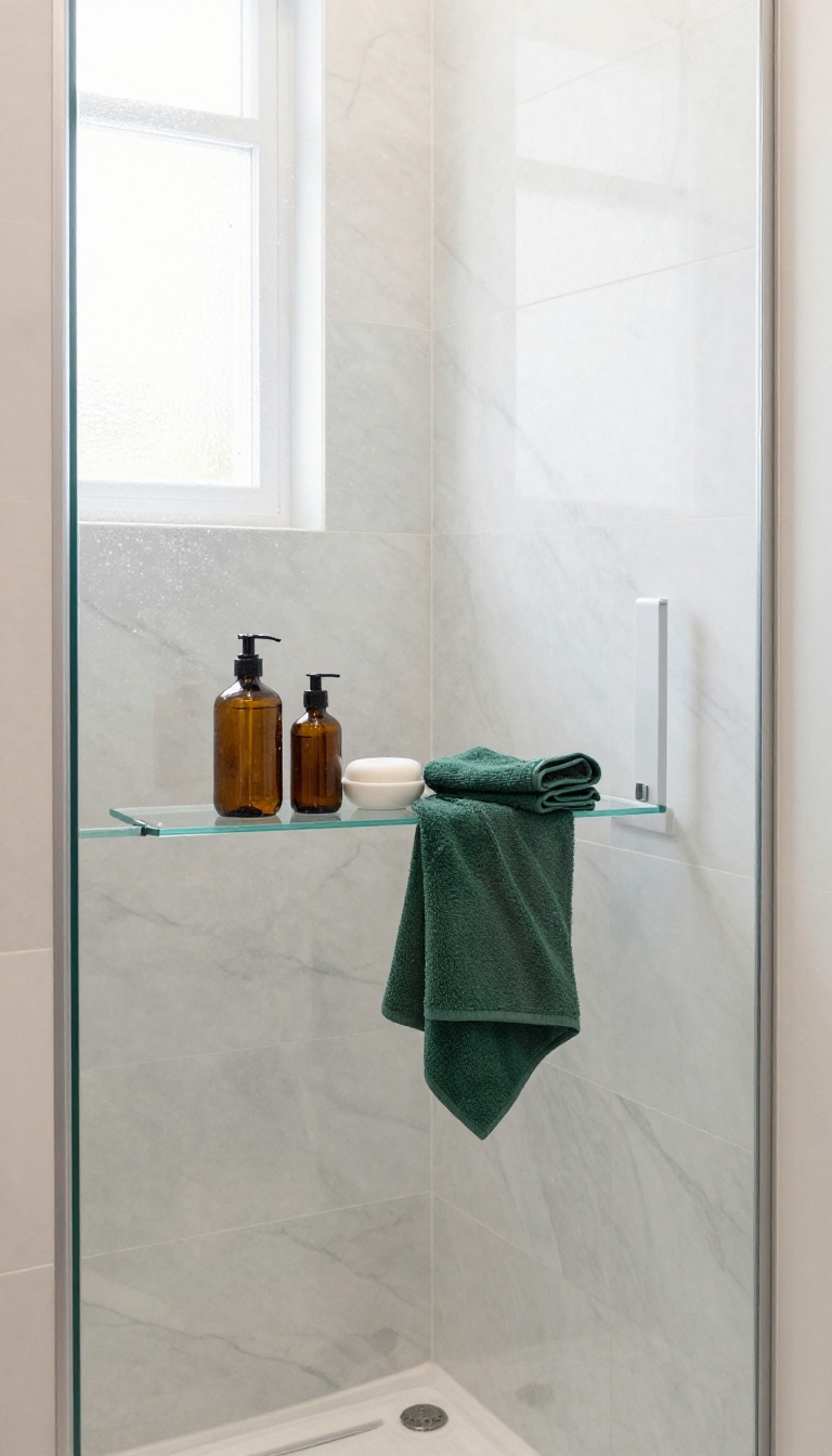 Modern shower niche with floating glass shelves holding toiletries, illuminated by natural light