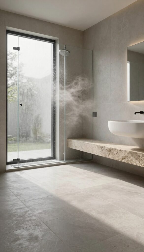 Modern bathroom with a walk-in shower and heated floor, featuring warm tile and natural light