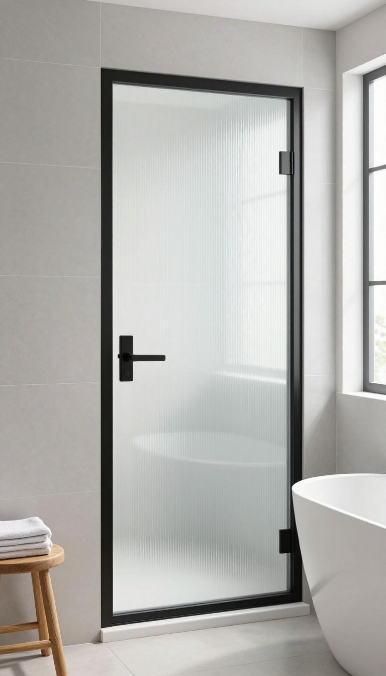 Modern bathroom with a frosted glass shower door that provides privacy while letting in natural light.