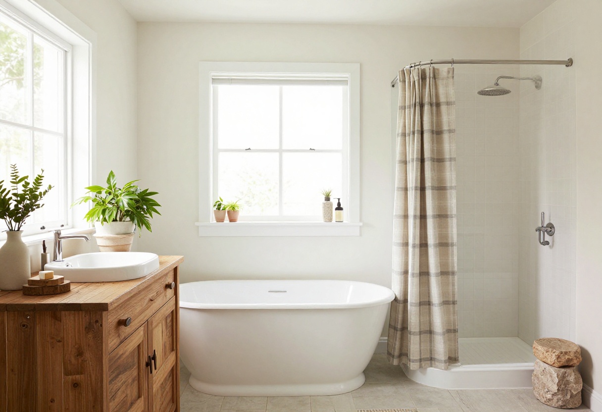 Rustic bathroom with a plaid shower curtain and wooden accents