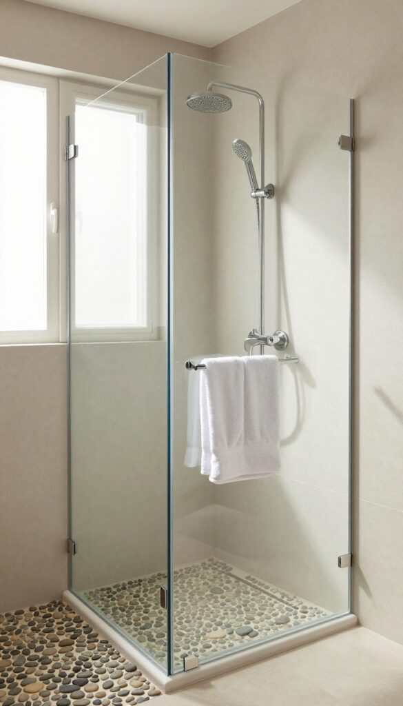 Small stand-up shower with pebble tile floor, modern fixtures, and natural light