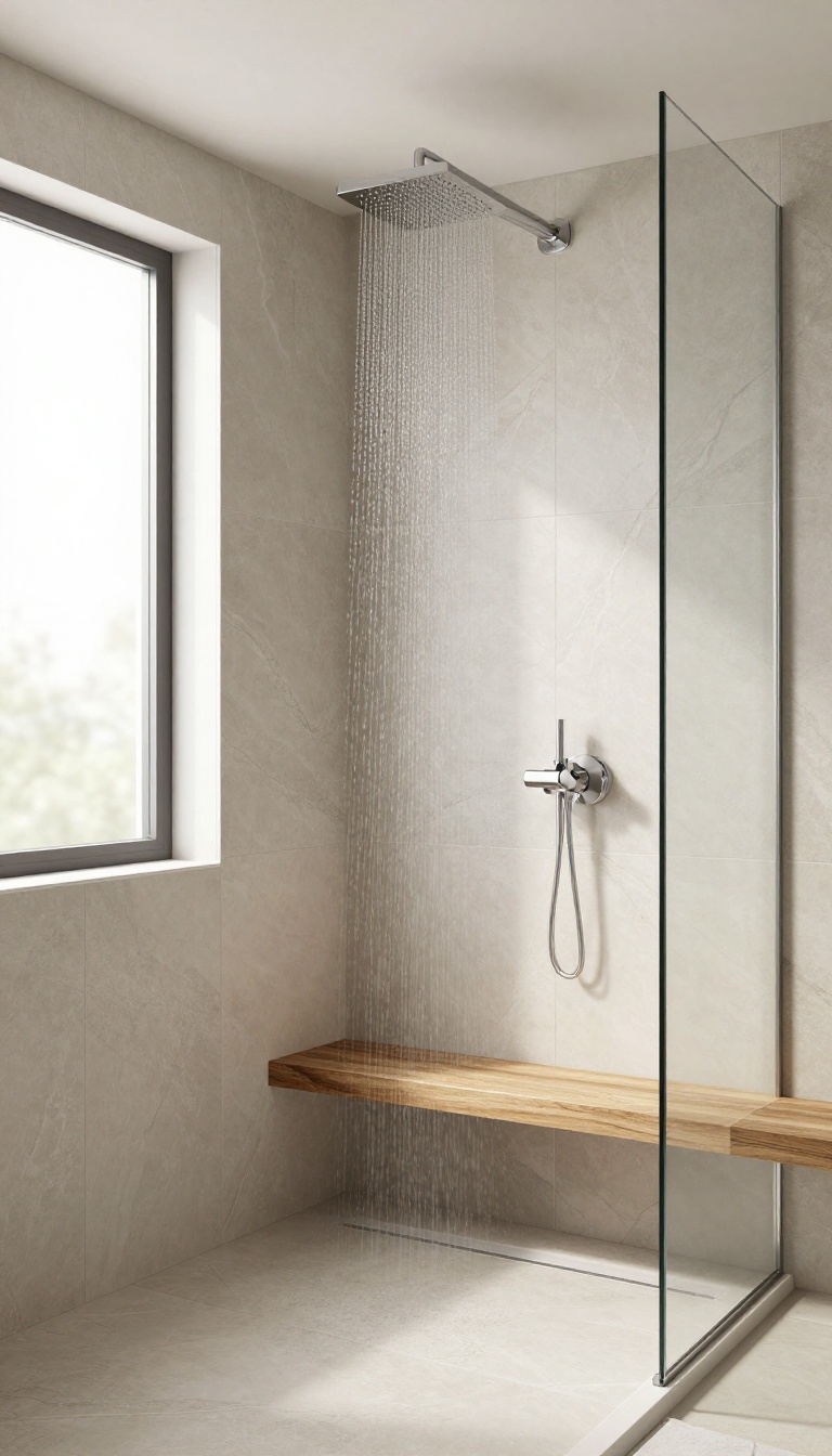 A bright, elegant walk-in shower with stone-look ceramic tiles, a rainfall showerhead, and a wooden bench, showcasing easy-maintenance design.