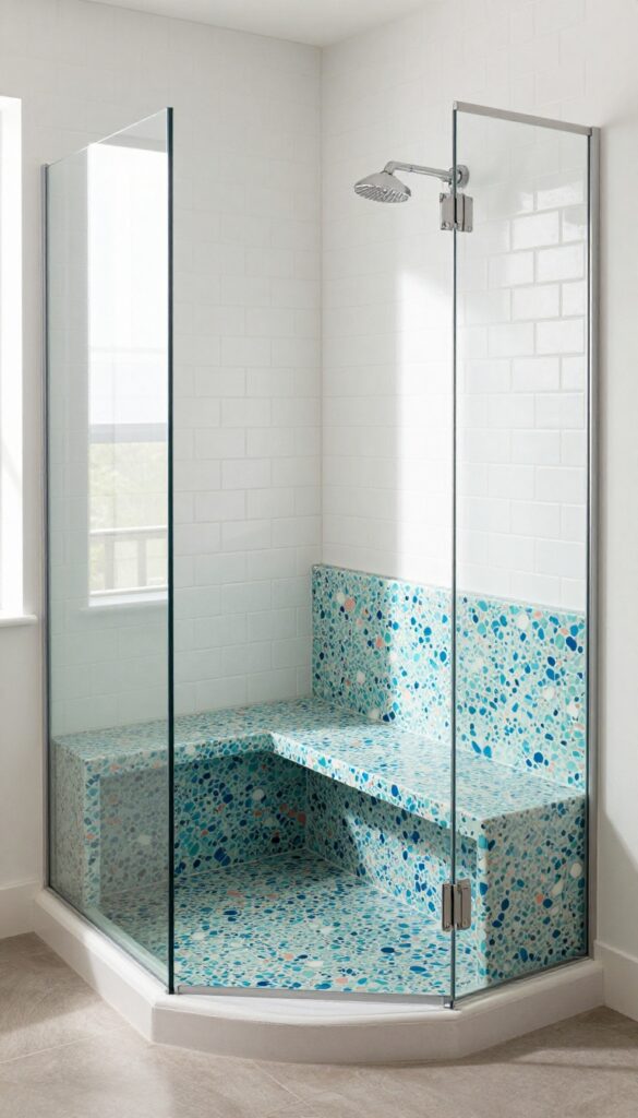 Modern walk-in shower with terrazzo tile seat and floor, white subway tile walls, and natural light