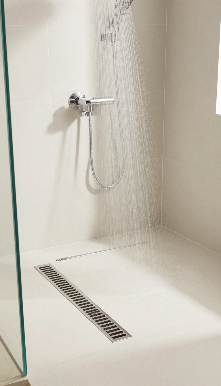 Modern bathroom shower floor with a sleek high-flow linear drain and rain showerhead