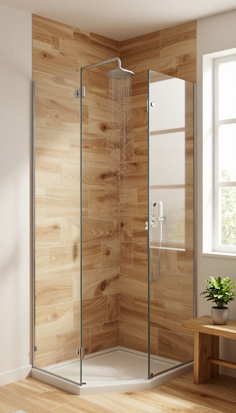 Modern rustic walk-in shower with wood-look porcelain tiles, glass enclosure, and natural light