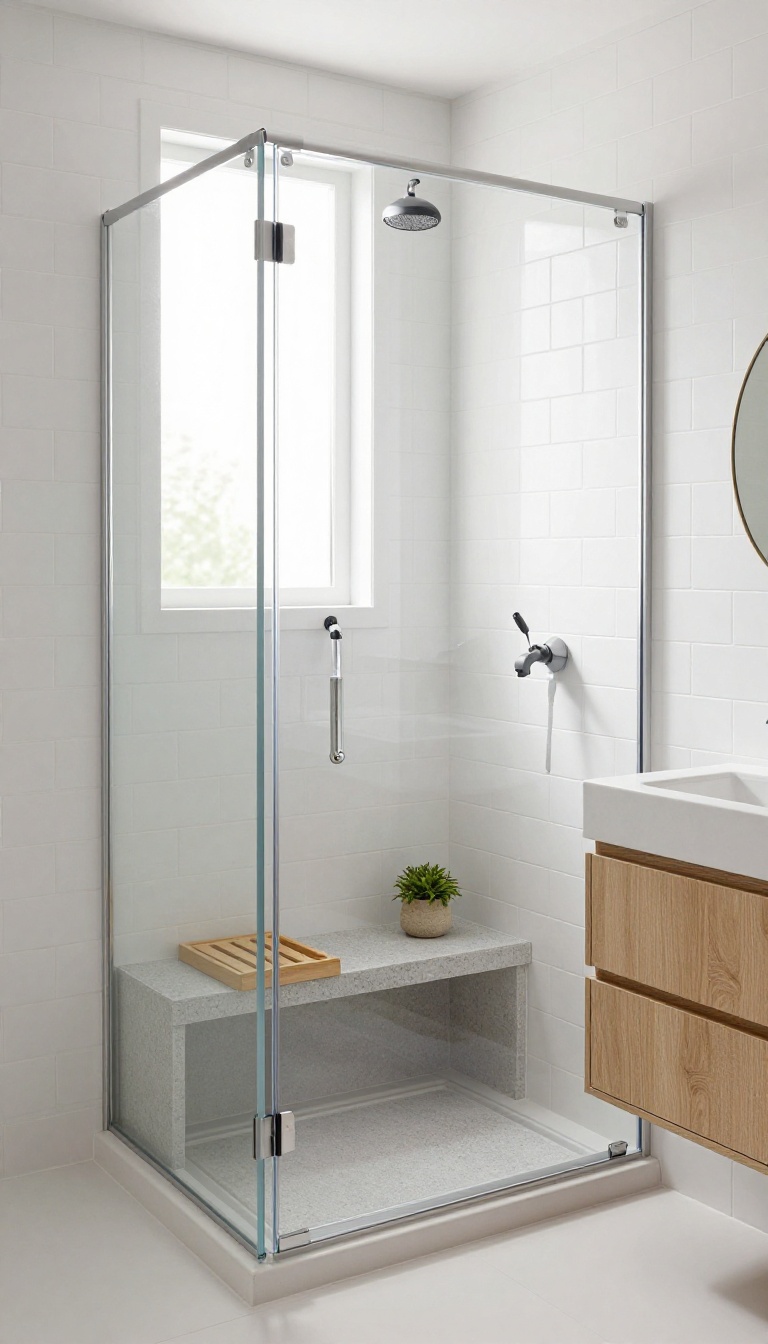 Small bathroom with corner shower featuring a built-in stone bench, natural light, and minimalist decor.