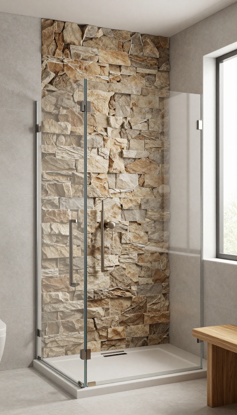 Modern bathroom shower with a stacked stone accent wall, glass enclosure, and natural light