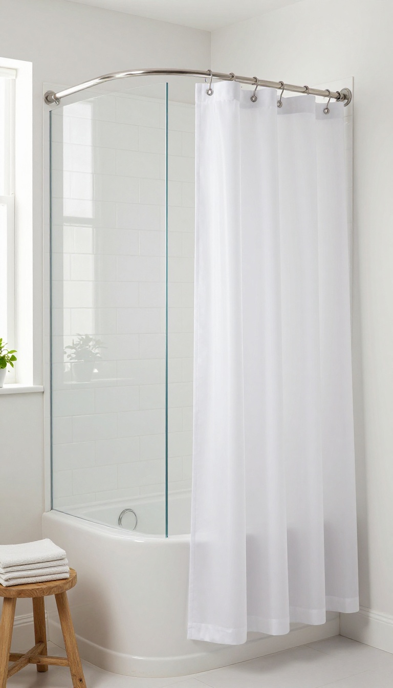 Small bathroom with white shower curtain and clear liner, magnetic bottom, higher rod, natural light, minimalist decor