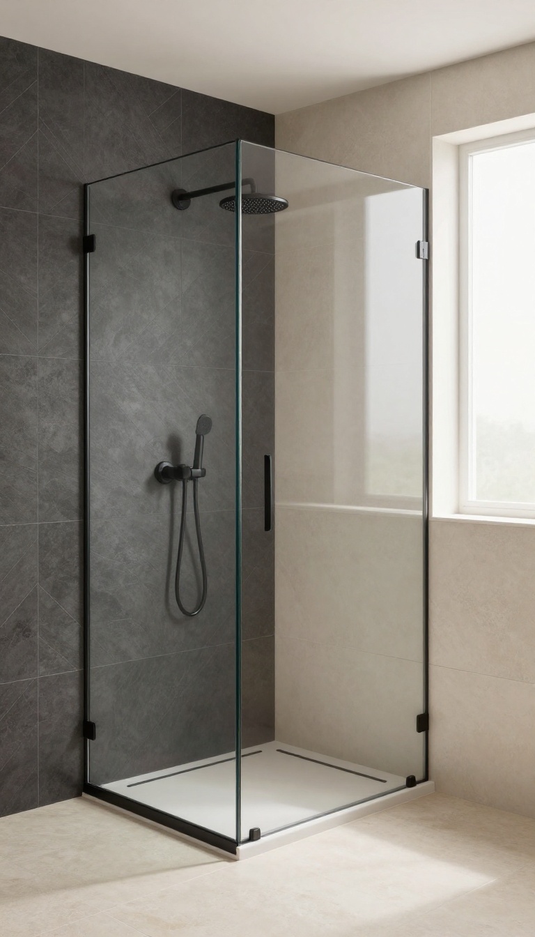 Modern zero entry shower with a dark herringbone accent wall and light tile surrounds, creating a clean, contrasting design.