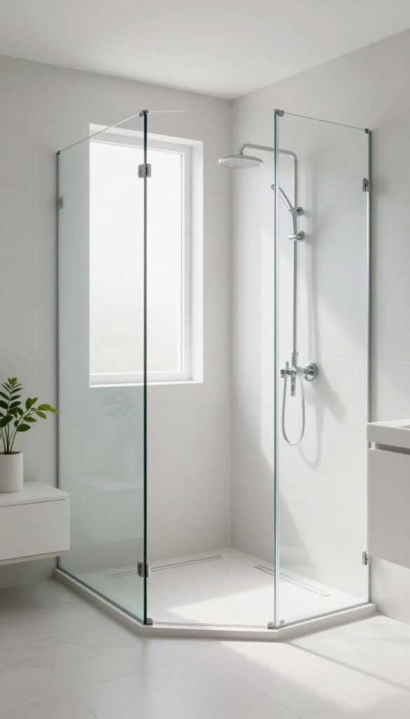 Curbless neo angle shower with seamless tile floor and frameless glass in a bright, modern bathroom.