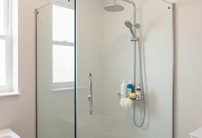 Modern bathroom with a stainless steel corner shower caddy holding toiletries