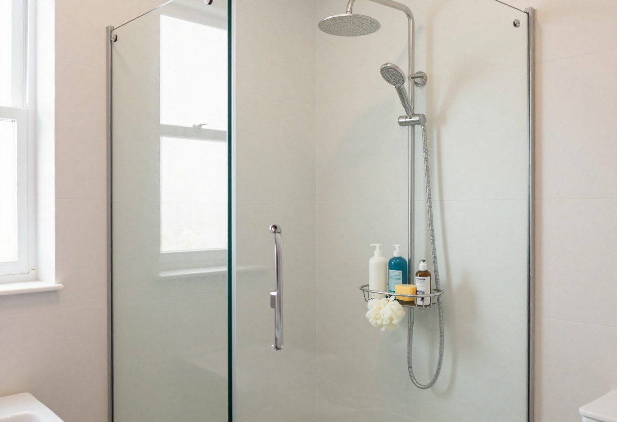 Modern bathroom with a stainless steel corner shower caddy holding toiletries
