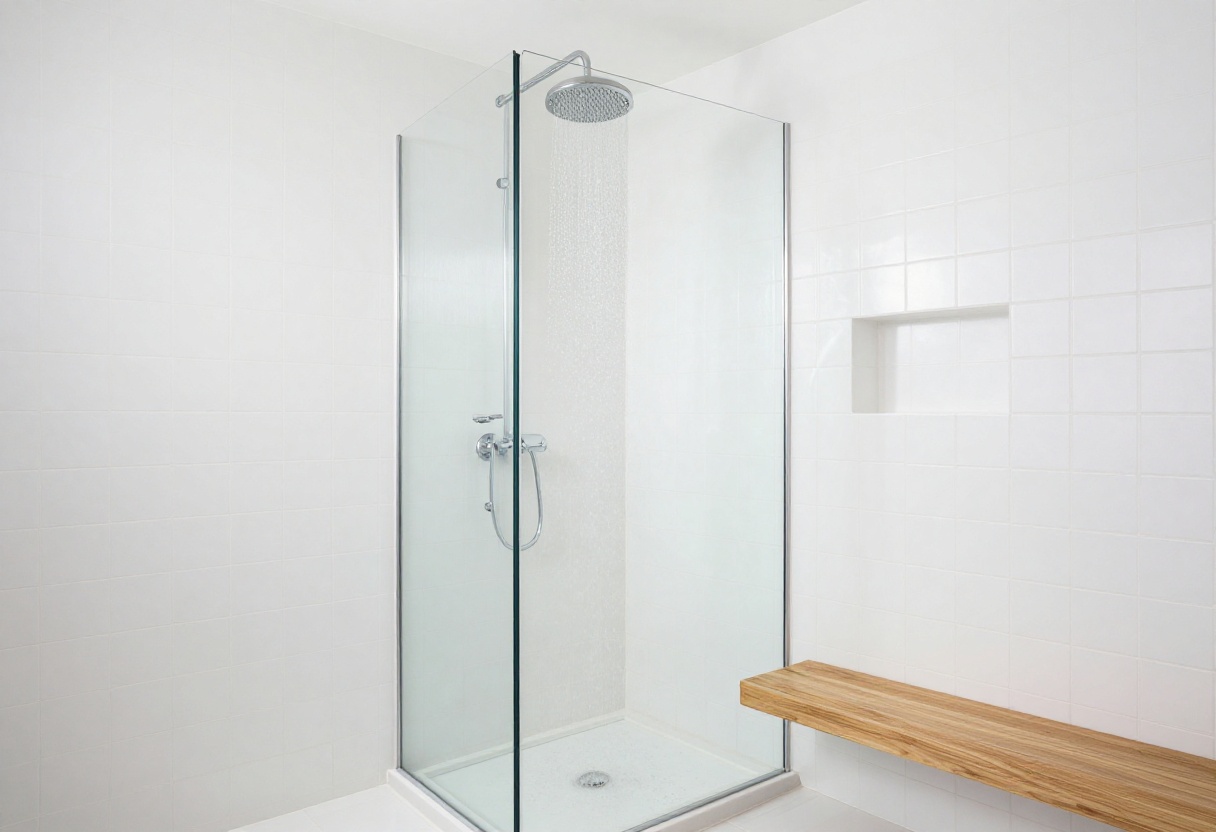 Modern standing shower with frameless glass and rainfall showerhead