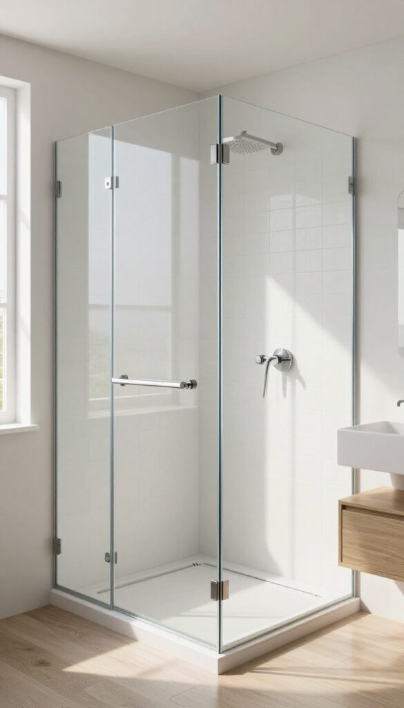 Frameless glass shower enclosure in a bright, modern bathroom with white tiles and natural light.